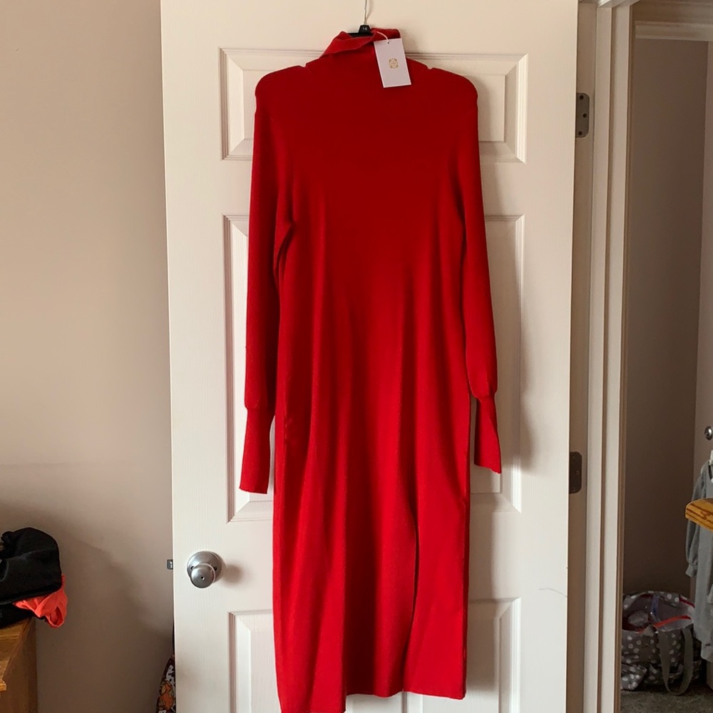 Red Backless Turtleneck Midi Sweater Dress